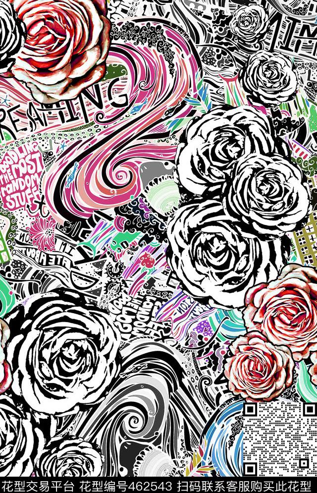 潮流涂鸦花卉数码印花华亿平台下载（图片编号: 462543） - 瓦栏（Walan）