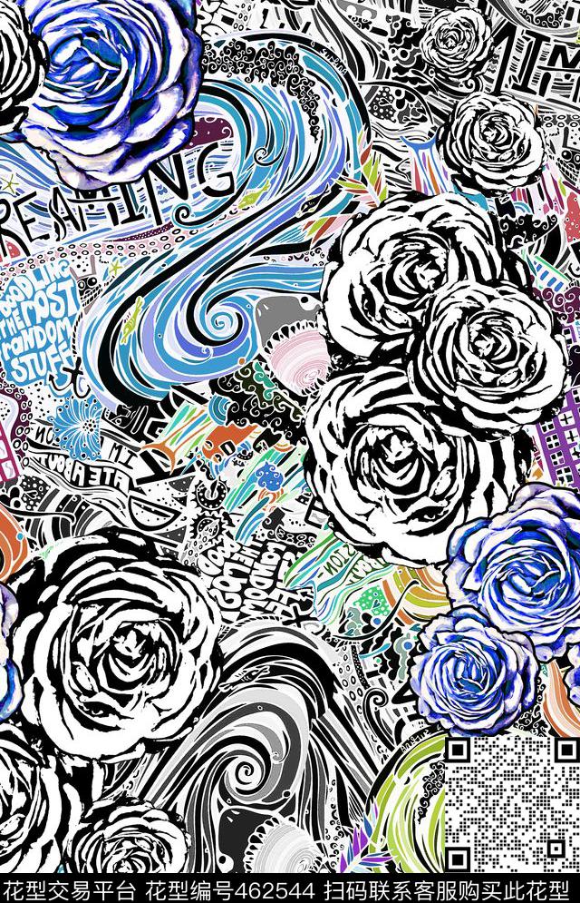 潮流涂鸦花卉数码印花华亿平台下载（图片编号: 462544） - 瓦栏（Walan）