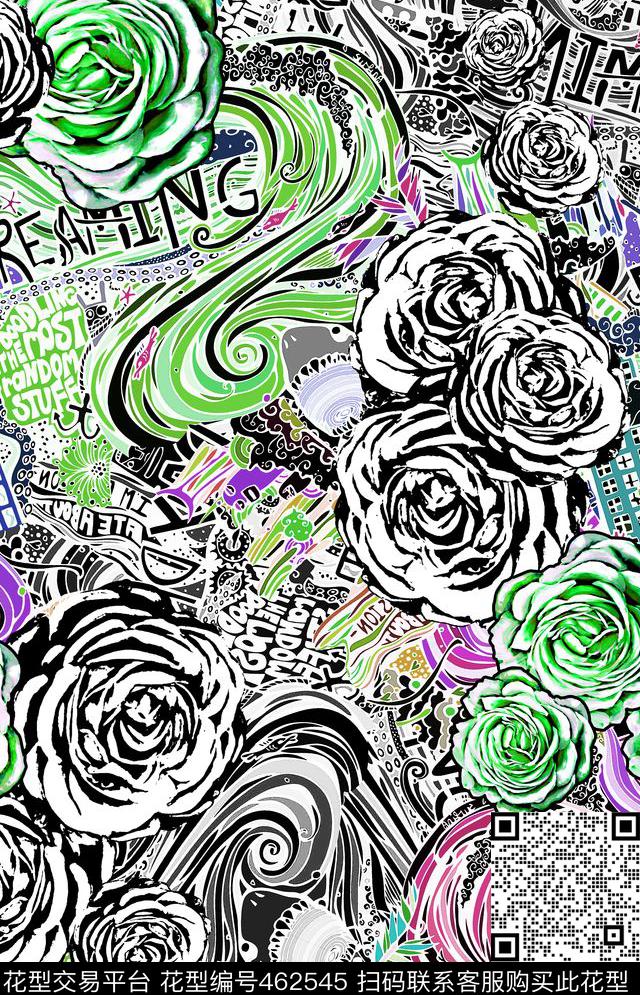 潮流涂鸦花卉数码印花华亿平台下载（图片编号: 462545） - 瓦栏（Walan）