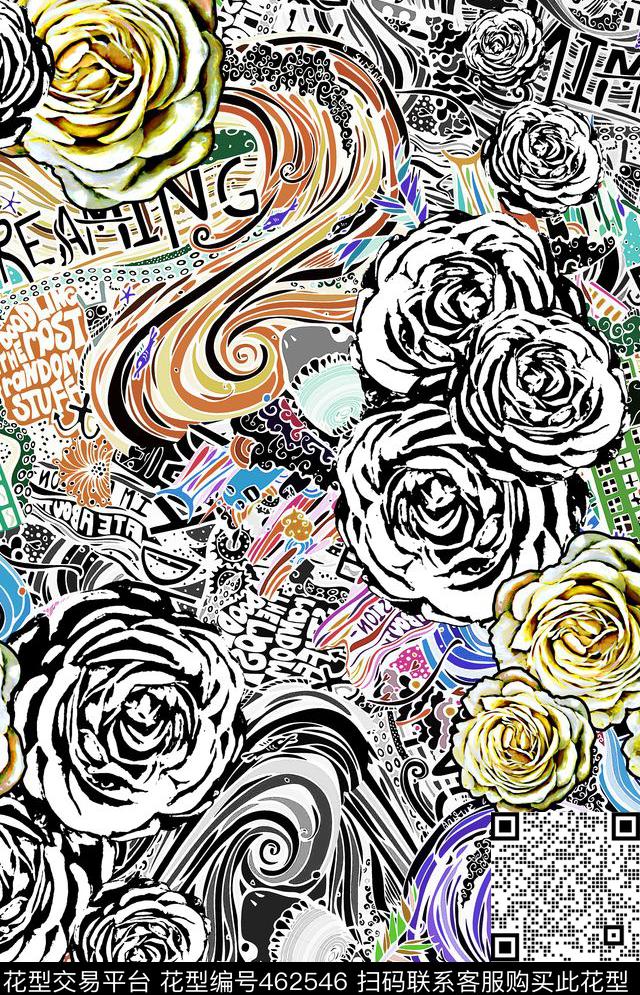 潮流涂鸦花卉数码印花华亿平台下载（图片编号: 462546） - 瓦栏（Walan）