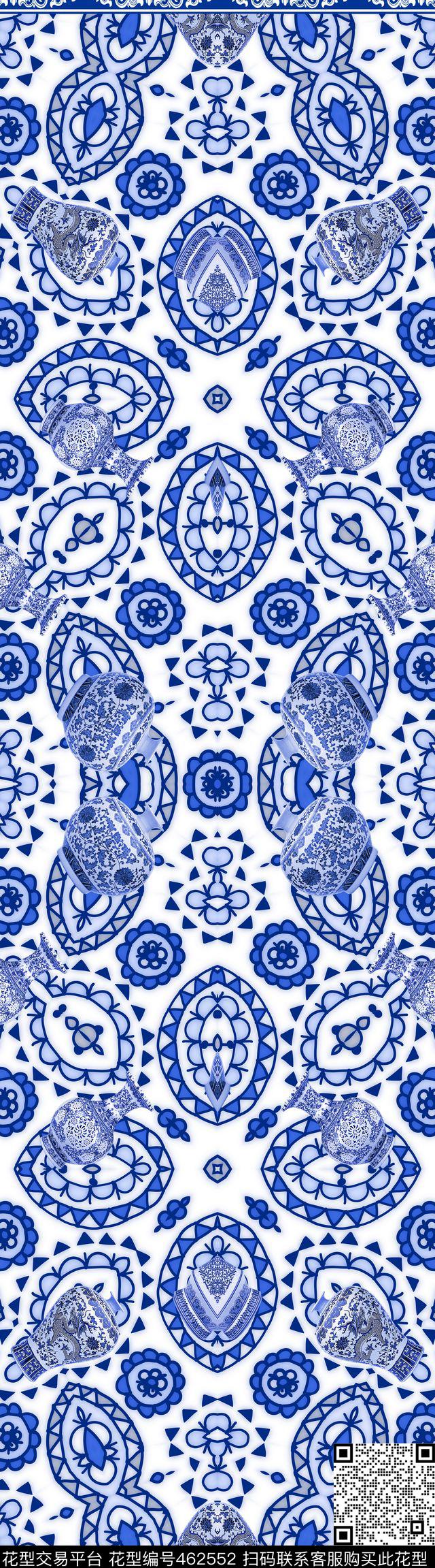 靛蓝民族青花瓷瓶数码印花华亿平台下载（图片编号: 462552） - 瓦栏（Walan）