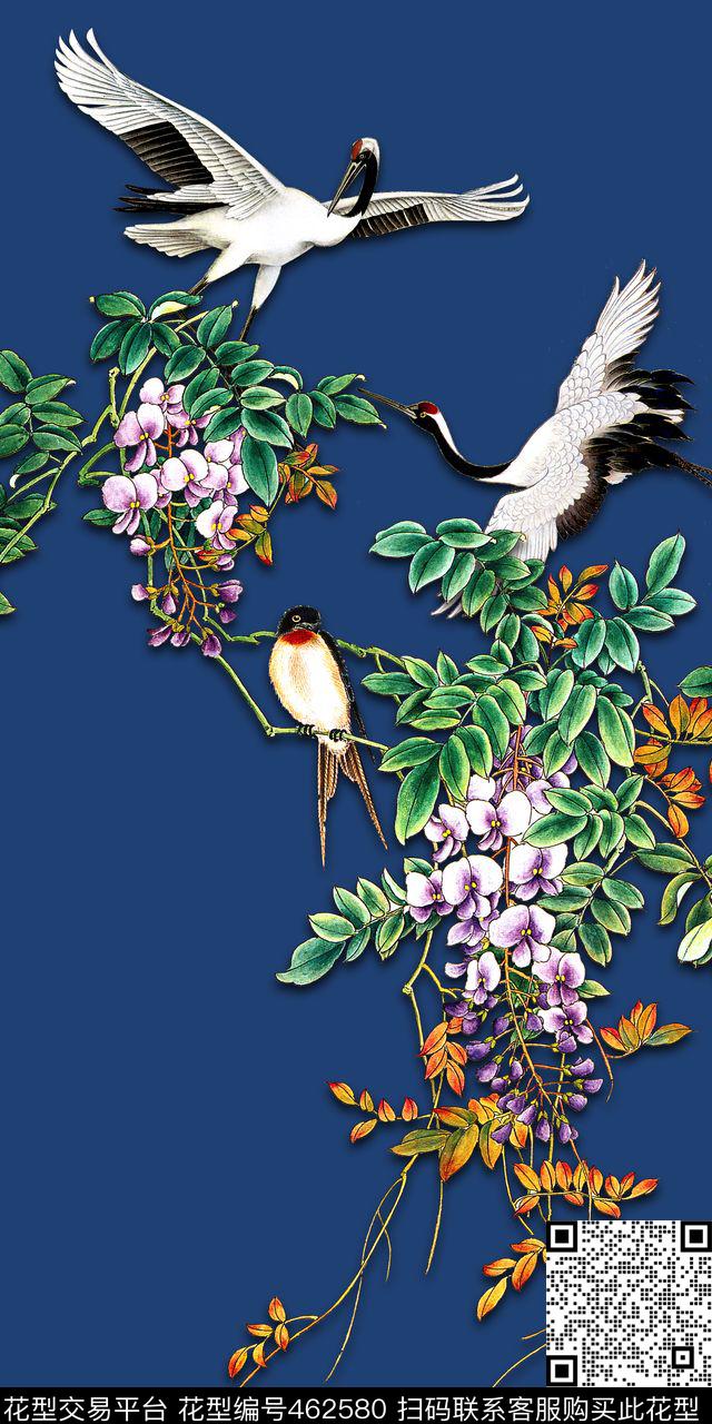 中国风工笔花鸟仙鹤数码印花华亿平台下载（图片编号: 462580） - 瓦栏（Walan）