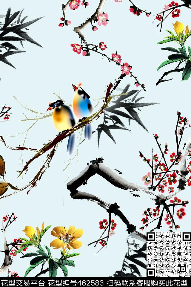 中国风梅花水墨数码印花华亿平台下载（图片编号: 462583） - 瓦栏（Walan）