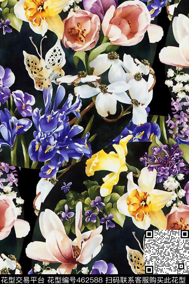 水彩花卉花卉黑底数码印花华亿平台下载（图片编号: 462588） - 瓦栏（Walan）