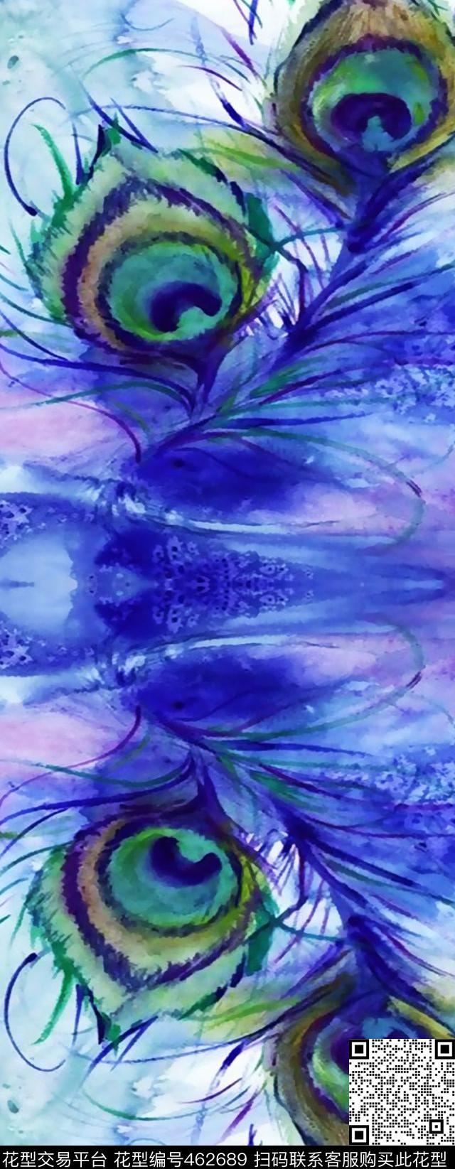 定位对称丝巾水彩孔雀羽毛时尚流行新潮数码印花华亿平台下载（图片编号: 462689） - 瓦栏（Walan）
