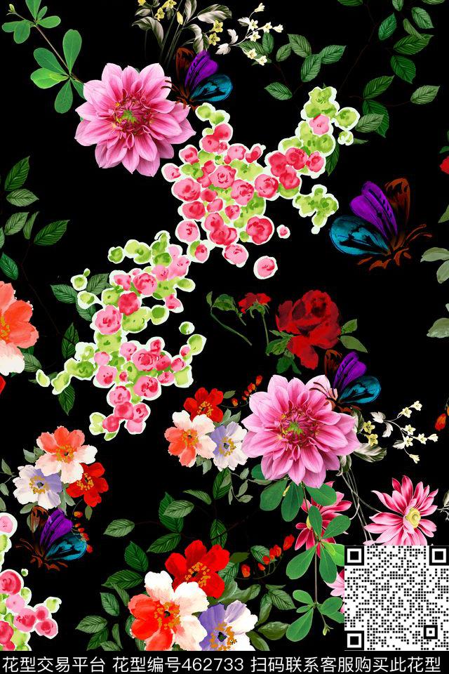 蝴蝶花卉绿叶数码印花华亿平台下载（图片编号: 462733） - 瓦栏（Walan）