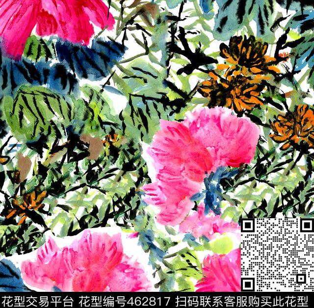 抽象传统毛笔手绘花朵数码印花华亿平台下载（图片编号: 462817） - 瓦栏（Walan）