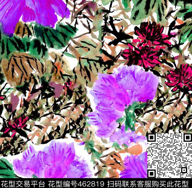 传统毛笔手绘花朵绿叶数码印花华亿平台下载（图片编号: 462819） - 瓦栏（Walan）