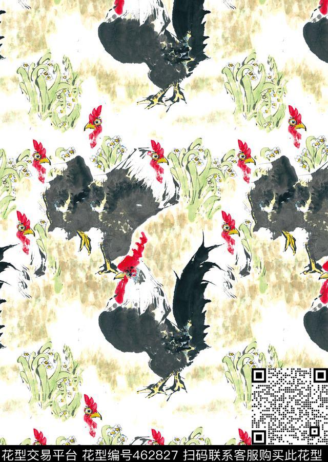 抽象传统手绘公鸡数码印花华亿平台下载（图片编号: 462827） - 瓦栏（Walan）