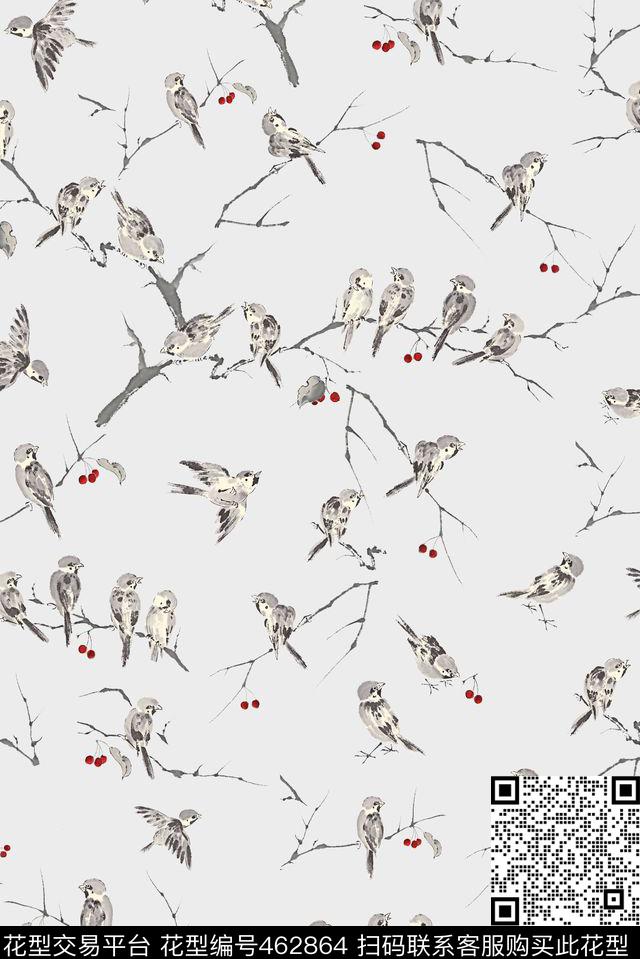 传统印花雀鸟树枝动物纹传统印花华亿平台下载（图片编号: 462864） - 瓦栏（Walan）