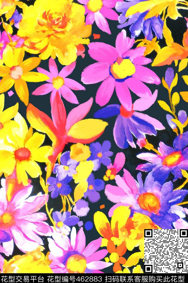 简单手绘花卉数码印花华亿平台下载（图片编号: 462883） - 瓦栏（Walan）