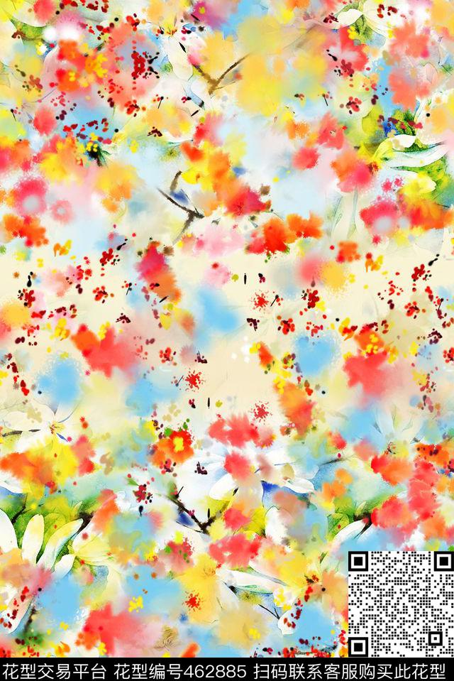水彩水墨泼墨小波点花卉数码印花华亿平台下载（图片编号: 462885） - 瓦栏（Walan）