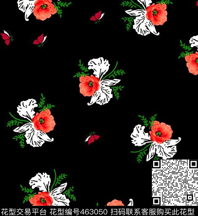 流行时尚手绘黑底小碎花手绘黑底小碎花印花花卉数码印花华亿平台下载（图片编号: 463050） - 瓦栏（Walan）