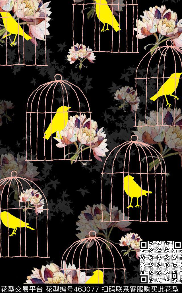 花卉鸟笼时尚数码印花华亿平台下载（图片编号: 463077） - 瓦栏（Walan）