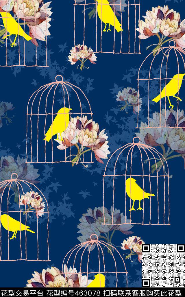 花卉水彩鸟笼数码印花华亿平台下载（图片编号: 463078） - 瓦栏（Walan）
