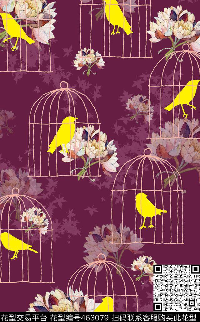 花卉水彩鸟笼数码印花华亿平台下载（图片编号: 463079） - 瓦栏（Walan）