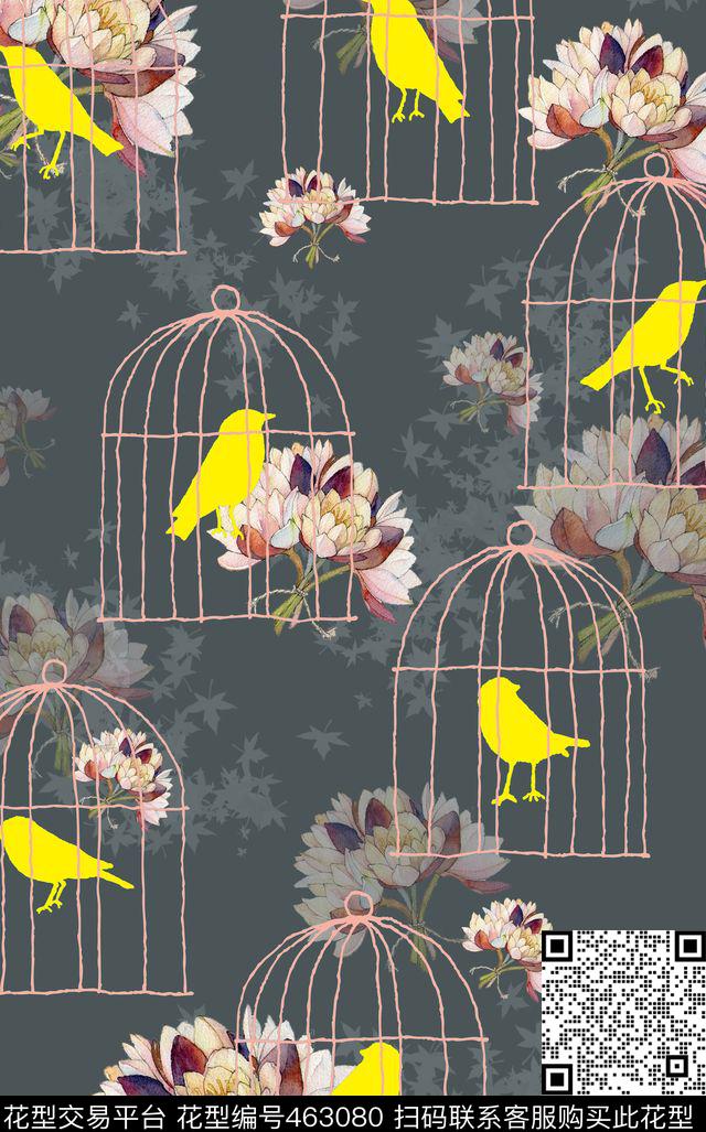 花卉水彩鸟笼数码印花华亿平台下载（图片编号: 463080） - 瓦栏（Walan）