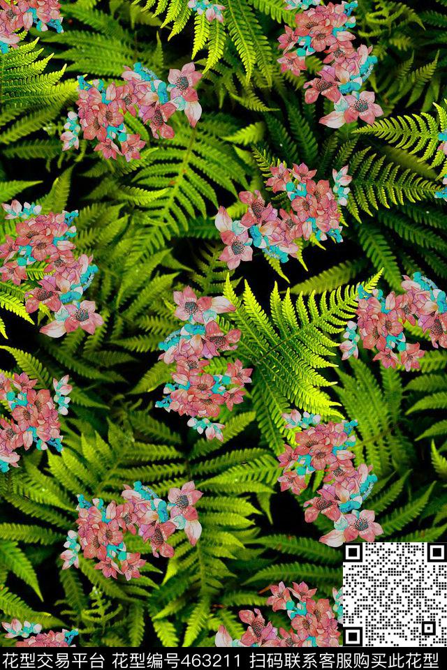 热带风针叶树叶小花数码印花华亿平台下载（图片编号: 463211） - 瓦栏（Walan）