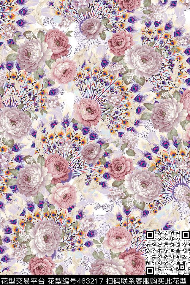 花卉牡丹花羽毛翅膀数码印花华亿平台下载（图片编号: 463217） - 瓦栏（Walan）