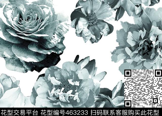 流行时尚黑白手绘花卉印花欧美数码印花华亿平台下载（图片编号: 463233） - 瓦栏（Walan）