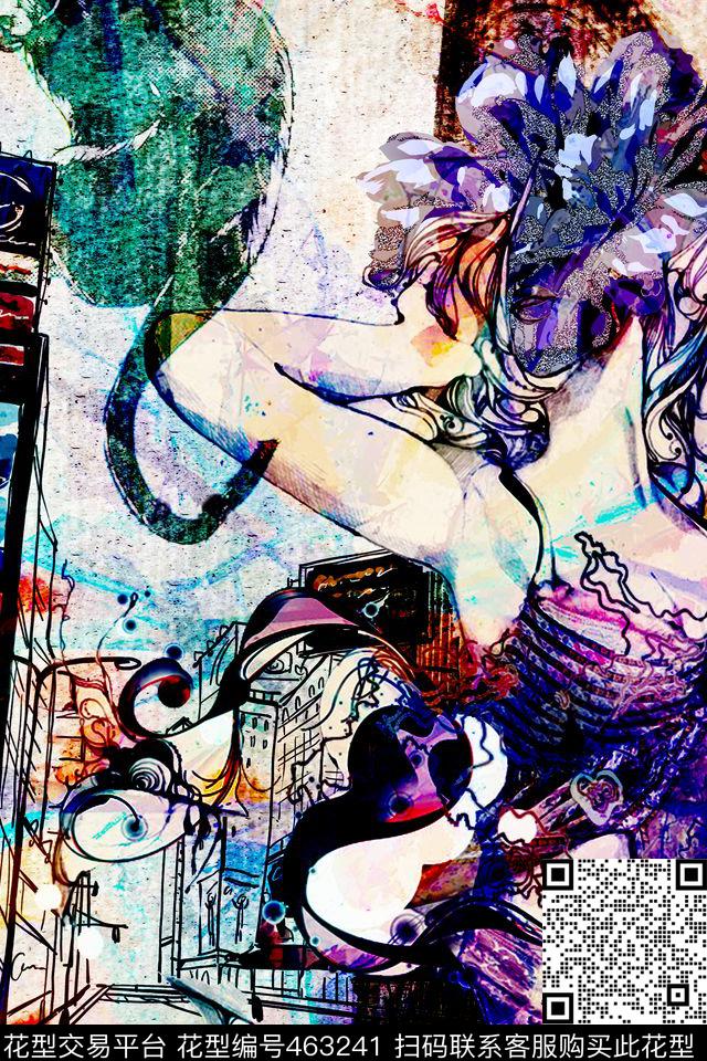 流行时尚女士衬衫人物画数码印花华亿平台下载（图片编号: 463241） - 瓦栏（Walan）