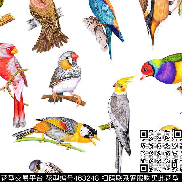 时尚手绘鸟类集合数码印花华亿平台下载（图片编号: 463248） - 瓦栏（Walan）