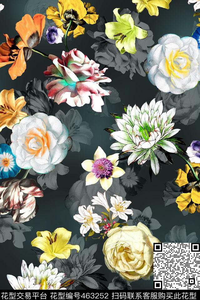 时尚黑底花卉碎花数码印花华亿平台下载（图片编号: 463252） - 瓦栏（Walan）