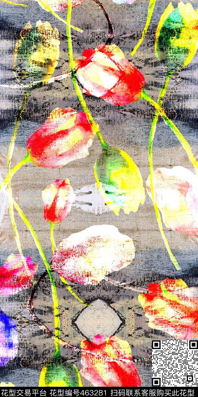 抽象花卉手绘数码印花华亿平台下载（图片编号: 463281） - 瓦栏（Walan）