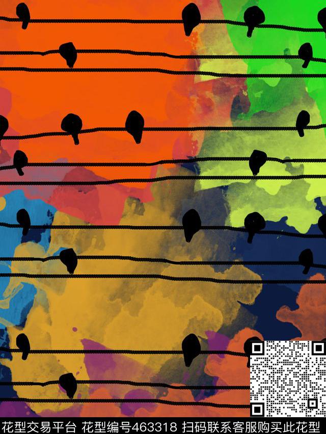 写意风景水彩色块鸟数码印花华亿平台下载（图片编号: 463318） - 瓦栏（Walan）