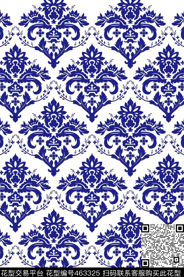 古典花纹蕾丝花纹青花瓷数码印花华亿平台下载（图片编号: 463325） - 瓦栏（Walan）