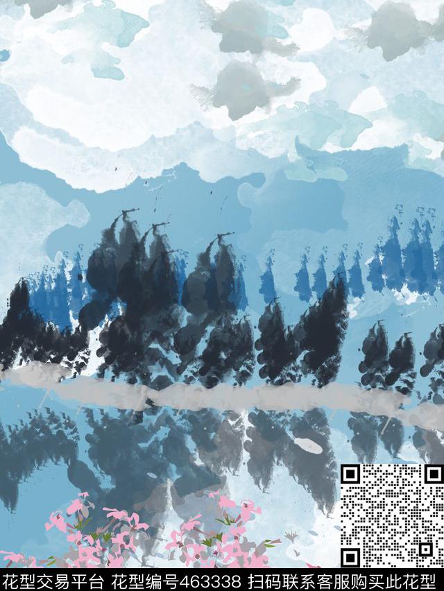 自然蓝天白云湖花数码印花华亿平台下载（图片编号: 463338） - 瓦栏（Walan）