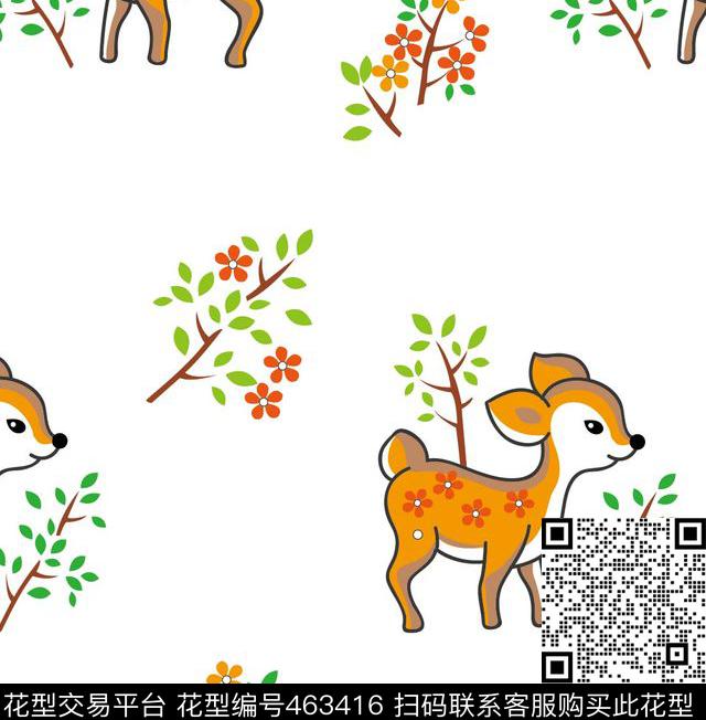 卡通可爱卡通小鹿树枝花朵传统印花华亿平台下载（图片编号: 463416） - 瓦栏（Walan）