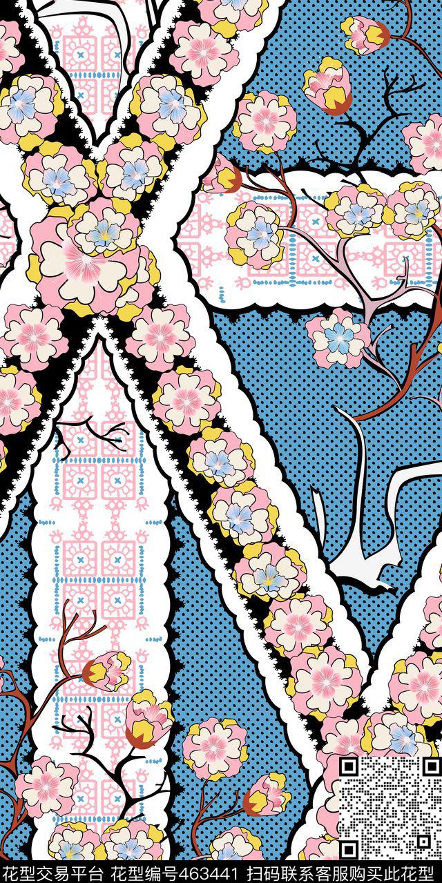 桃花几何甜美清新定位花传统印花华亿平台下载（图片编号: 463441） - 瓦栏（Walan）