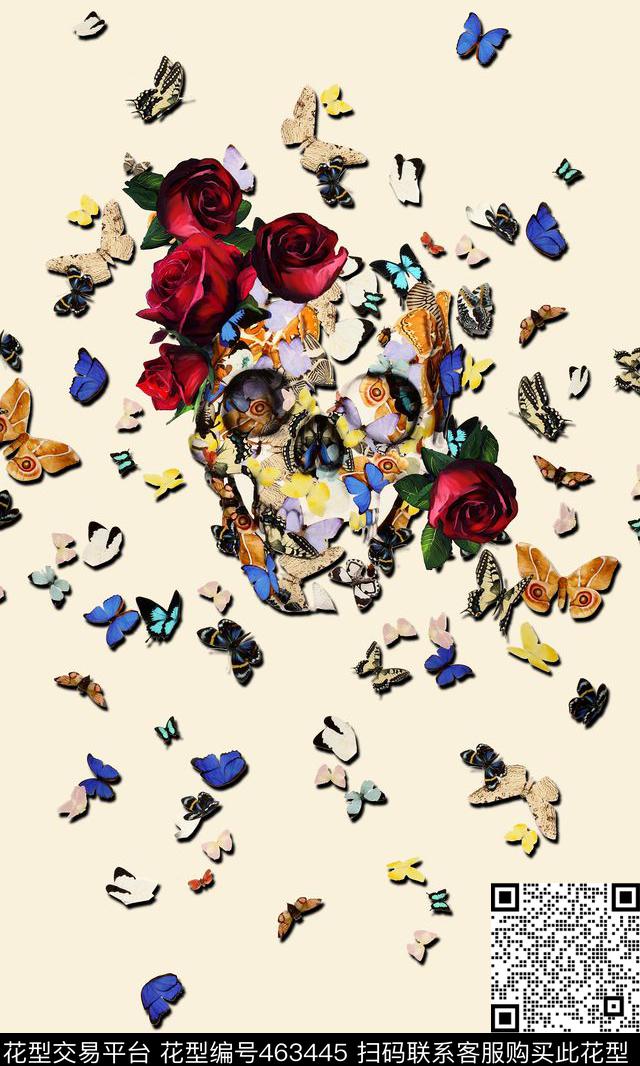 蝴蝶立体骷髅玫瑰花数码印花华亿平台下载（图片编号: 463445） - 瓦栏（Walan）