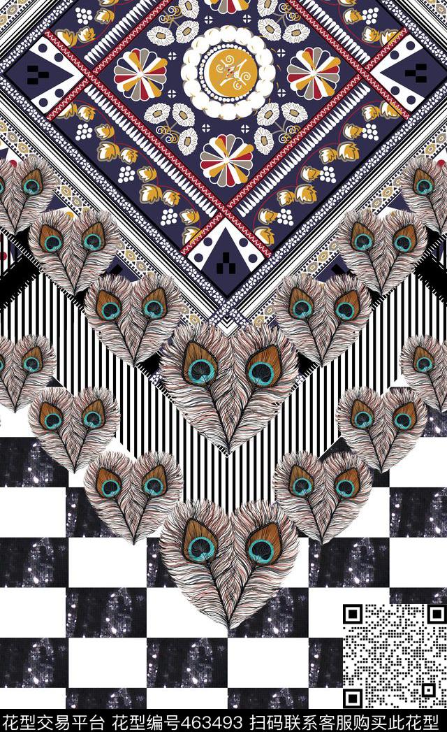 孔雀羽毛民族风女装定位数码印花华亿平台下载（图片编号: 463493） - 瓦栏（Walan）