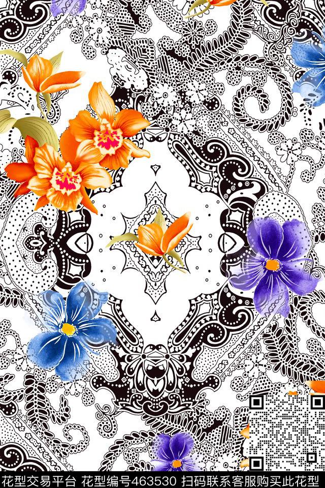 花卉花纹时尚数码印花华亿平台下载（图片编号: 463530） - 瓦栏（Walan）