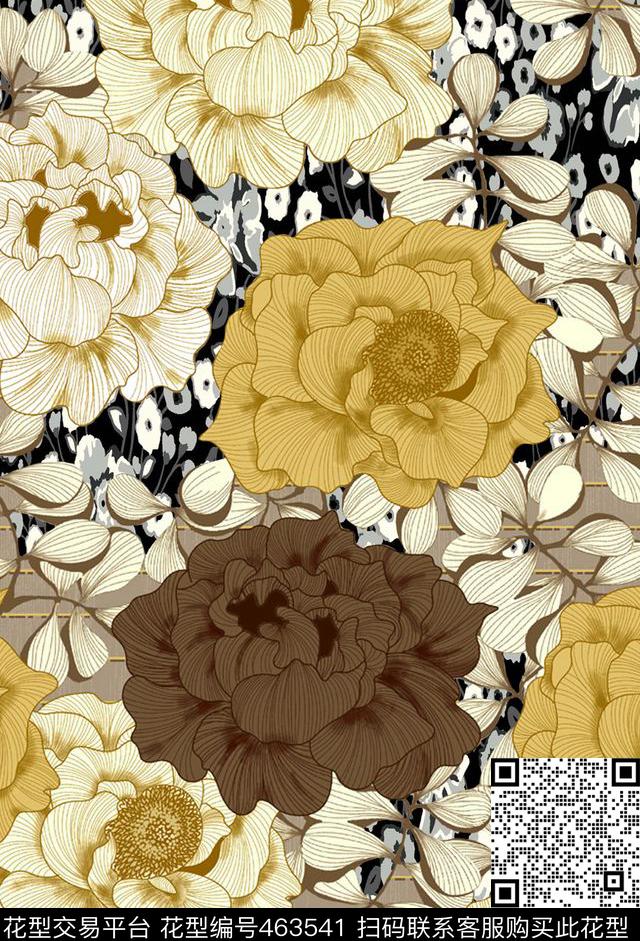 黑底斑点花卉手绘传统印花华亿平台下载（图片编号: 463541） - 瓦栏（Walan）