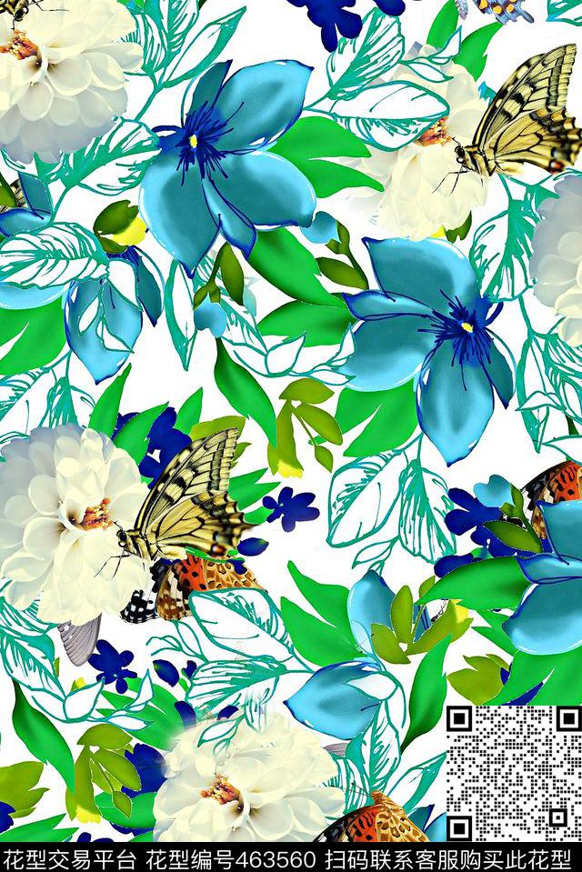 花卉蝴蝶四方连续数码印花华亿平台下载（图片编号: 463560） - 瓦栏（Walan）