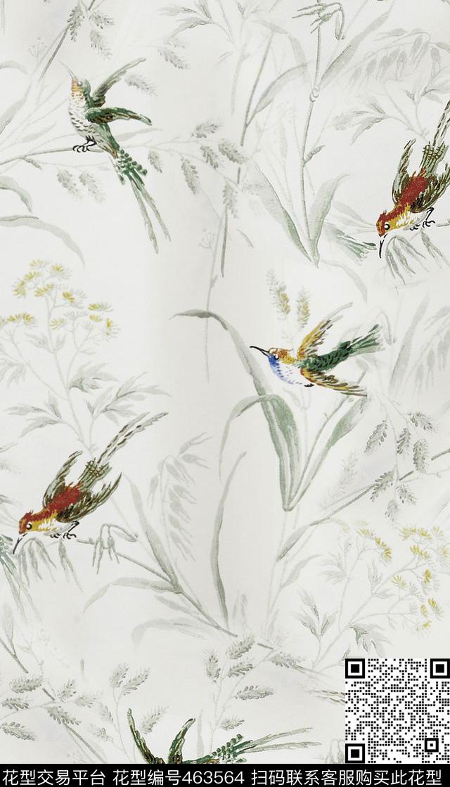 手绘花草鸟儿数码印花华亿平台下载（图片编号: 463564） - 瓦栏（Walan）