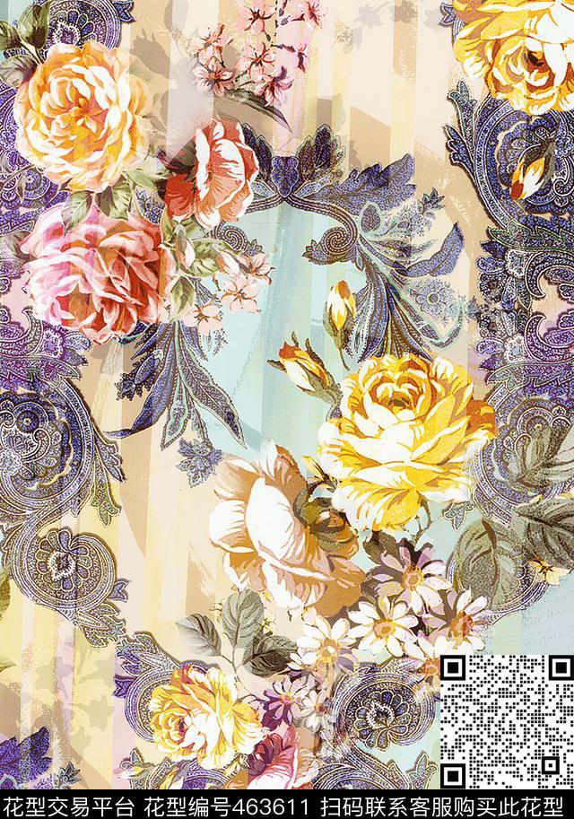 花卉中国风裁片数码印花华亿平台下载（图片编号: 463611） - 瓦栏（Walan）