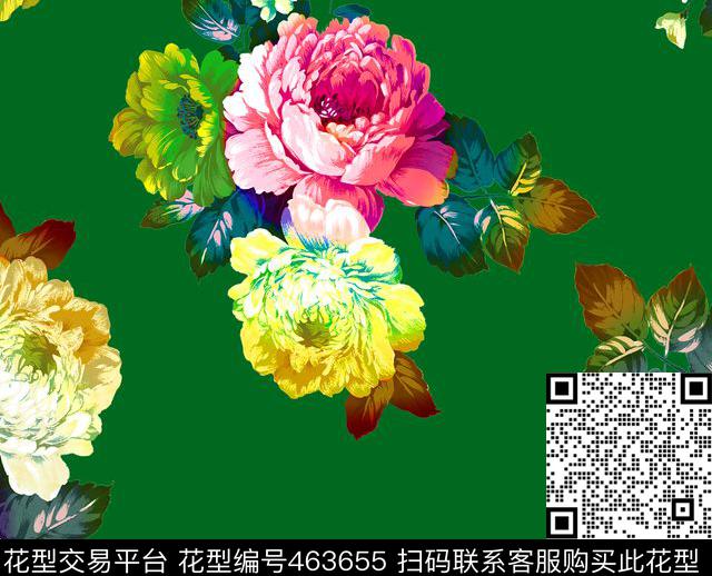 流行时尚手绘彩色绿底水墨朵花欧美田园数码印花华亿平台下载（图片编号: 463655） - 瓦栏（Walan）