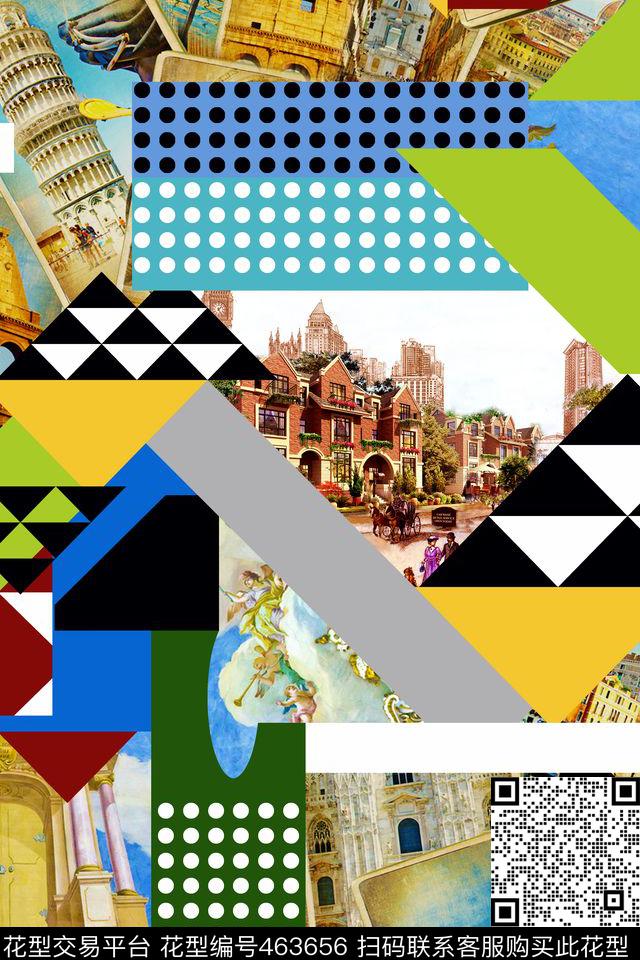 欧式建筑几何格子圆点时尚拼接数码印花华亿平台下载（图片编号: 463656） - 瓦栏（Walan）