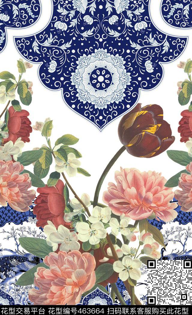 定位时尚复古花卉复古手绘数码印花华亿平台下载（图片编号: 463664） - 瓦栏（Walan）