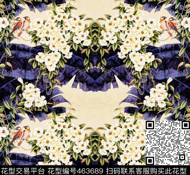 数码印花工笔花鸟花卉花卉数码印花华亿平台下载（图片编号: 463689） - 瓦栏（Walan）