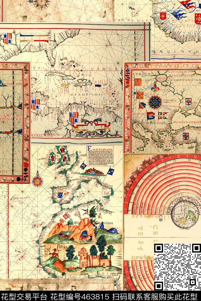 复古手绘地图数码印花华亿平台下载（图片编号: 463815） - 瓦栏（Walan）