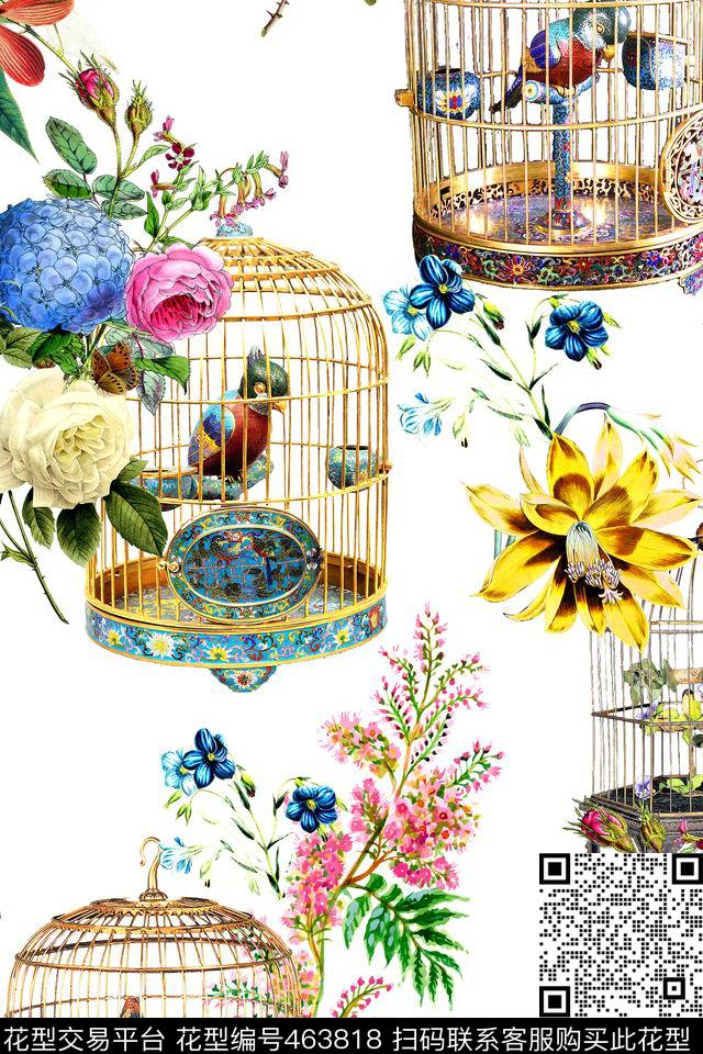 时尚花卉鸟笼数码印花华亿平台下载（图片编号: 463818） - 瓦栏（Walan）