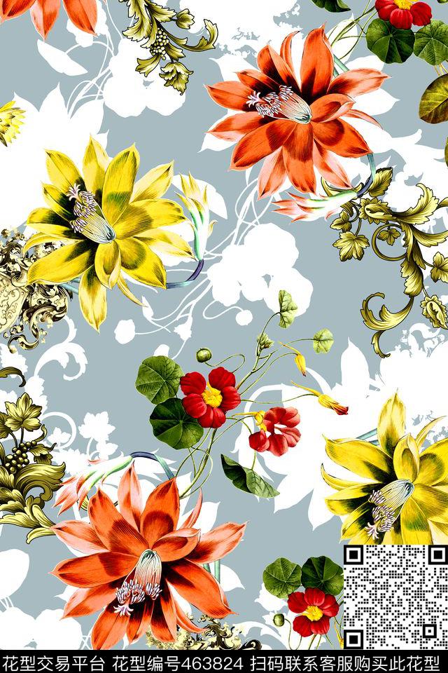 时尚炫彩花卉数码印花华亿平台下载（图片编号: 463824） - 瓦栏（Walan）