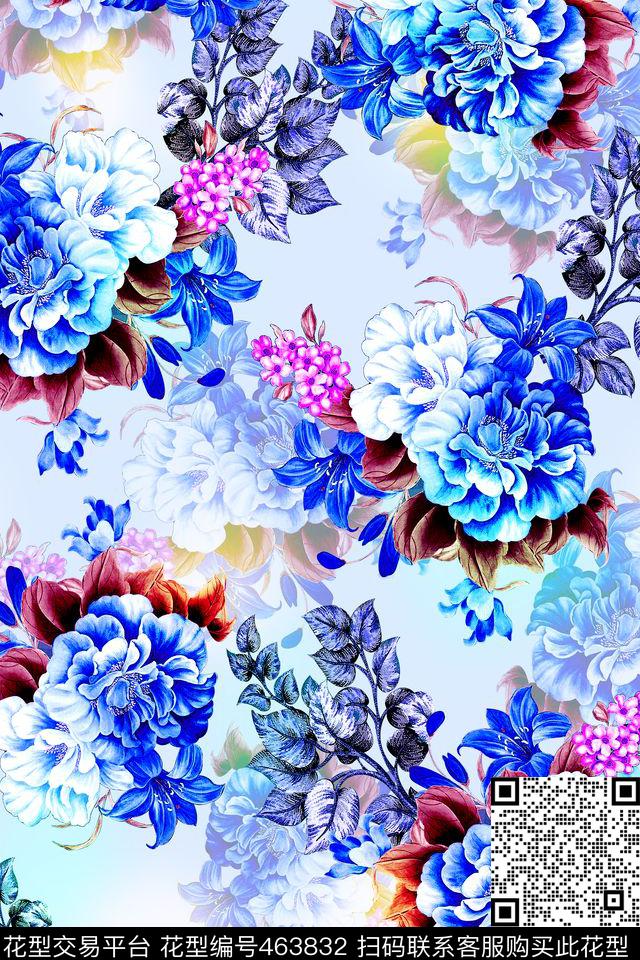 中国风青花瓷花卉数码印花华亿平台下载（图片编号: 463832） - 瓦栏（Walan）