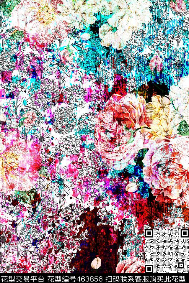 肌理花卉女装炫彩抽象数码印花华亿平台下载（图片编号: 463856） - 瓦栏（Walan）