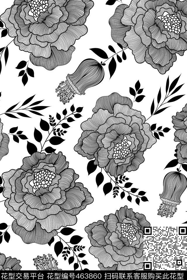 黑白花卉传统印花华亿平台下载（图片编号: 463860） - 瓦栏（Walan）